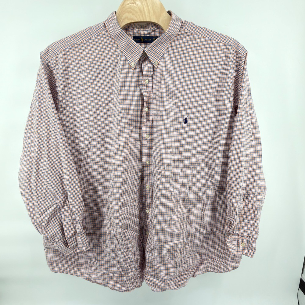 Ralph Lauren Button Front Shirt Mens 6XB Orange Blue White Gingham Check Pony